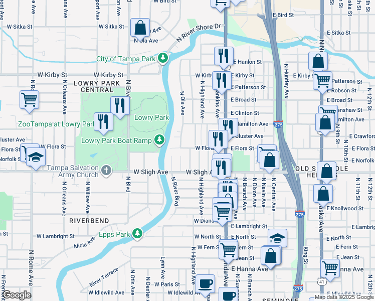 map of restaurants, bars, coffee shops, grocery stores, and more near 6920 North Lynn Avenue in Tampa