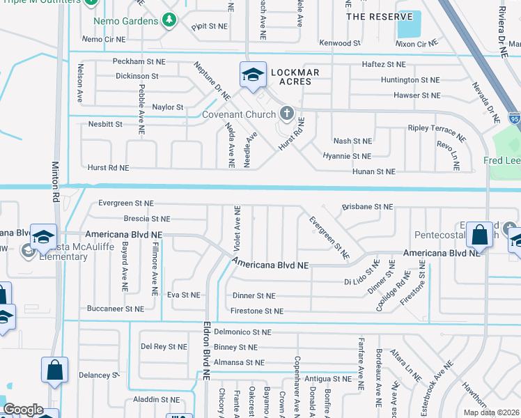 map of restaurants, bars, coffee shops, grocery stores, and more near 486 Evergreen Street Northeast in Palm Bay