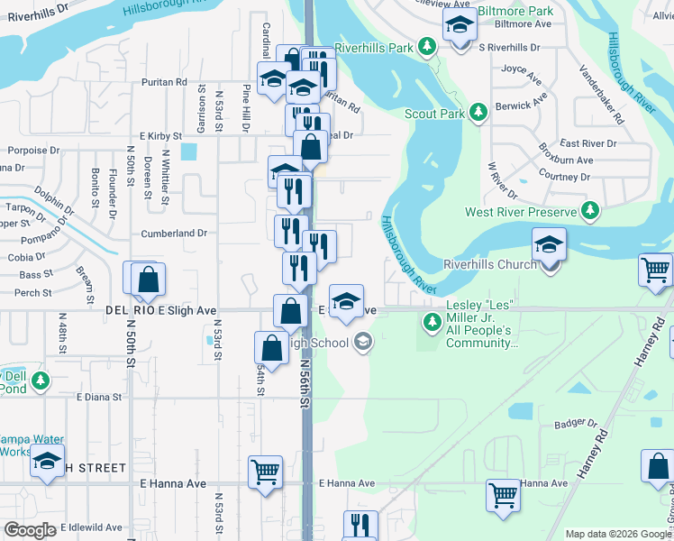 map of restaurants, bars, coffee shops, grocery stores, and more near 6917 Bonair Drive in Tampa