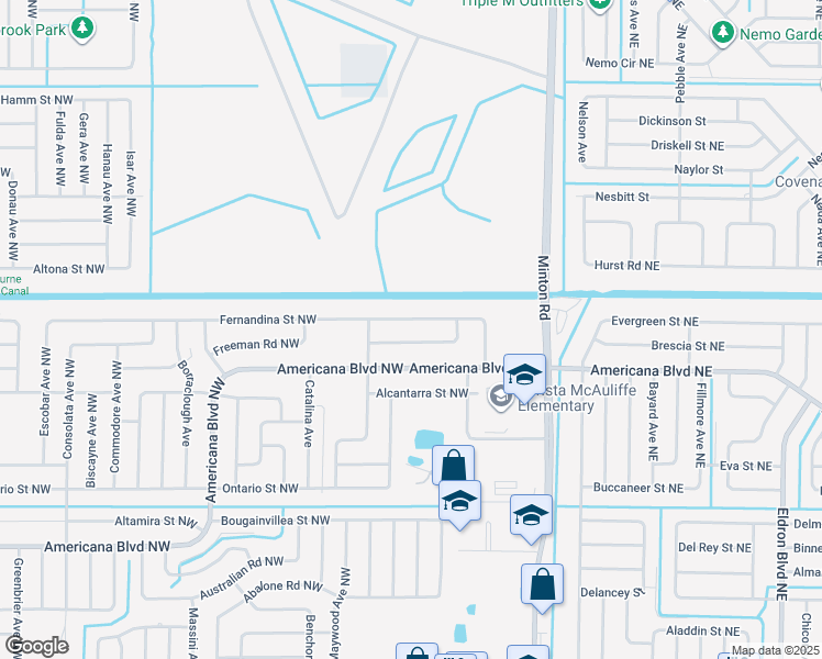 map of restaurants, bars, coffee shops, grocery stores, and more near 288 Fernandina Street Northwest in Palm Bay