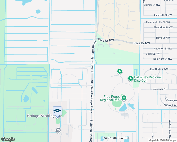 map of restaurants, bars, coffee shops, grocery stores, and more near 1055 Kylar Drive Northwest in Palm Bay