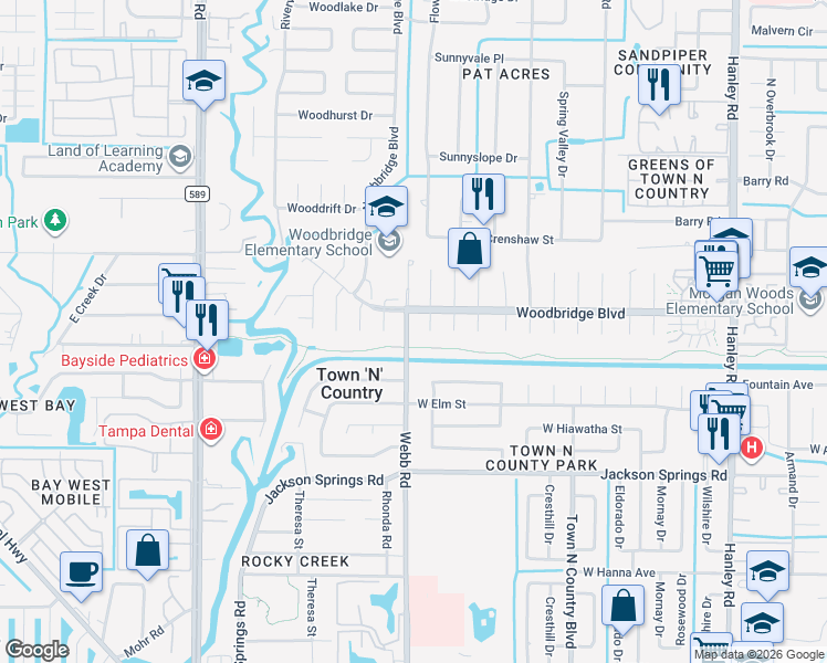 map of restaurants, bars, coffee shops, grocery stores, and more near 7005 Webb Road in Tampa