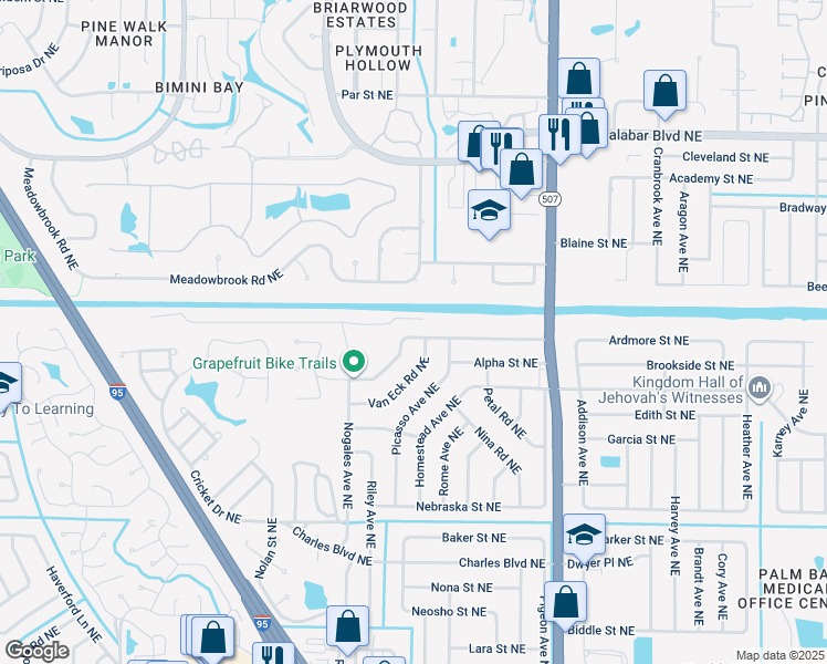 map of restaurants, bars, coffee shops, grocery stores, and more near 1523 Omega Street Northeast in Palm Bay