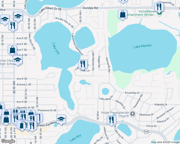 map of restaurants, bars, coffee shops, grocery stores, and more near 121 Park Lane in Winter Haven
