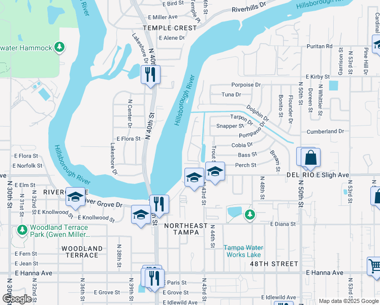 map of restaurants, bars, coffee shops, grocery stores, and more near 7167 East Bank Drive in Tampa
