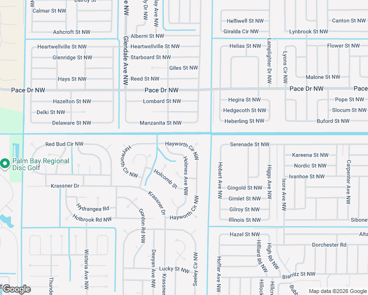 map of restaurants, bars, coffee shops, grocery stores, and more near 1569 Hayworth Circle Northwest in Palm Bay