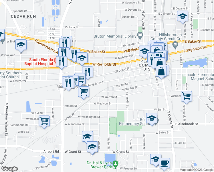 map of restaurants, bars, coffee shops, grocery stores, and more near 205 Waller Street in Plant City