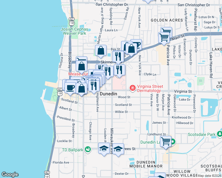 map of restaurants, bars, coffee shops, grocery stores, and more near 556 Virginia Street in Dunedin