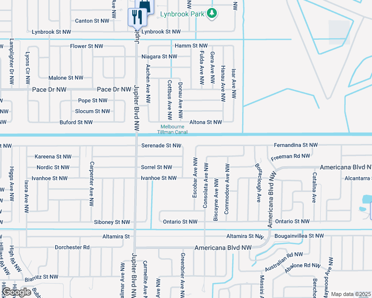 map of restaurants, bars, coffee shops, grocery stores, and more near 591 Adventure Avenue Northwest in Palm Bay