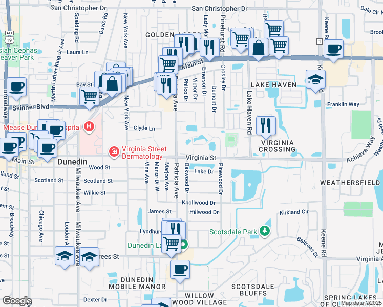 map of restaurants, bars, coffee shops, grocery stores, and more near 938 Virginia Street in Dunedin