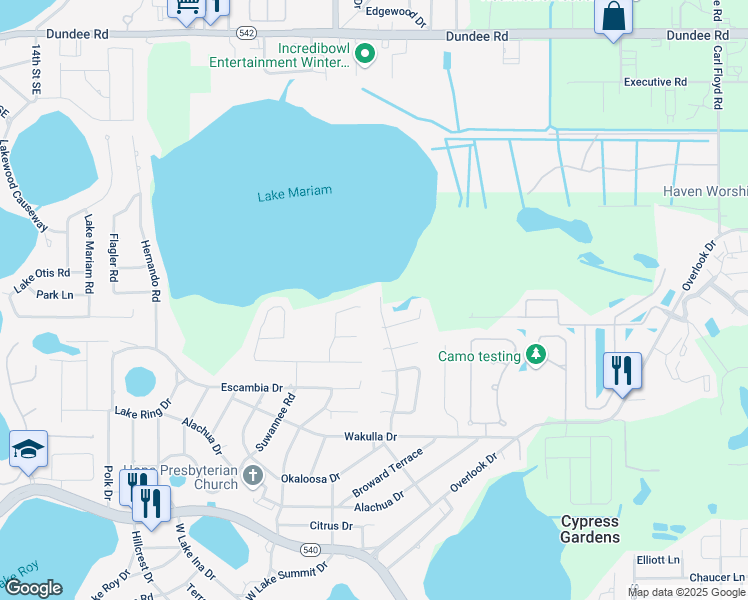 map of restaurants, bars, coffee shops, grocery stores, and more near 330 Lake Mariam Boulevard in Winter Haven