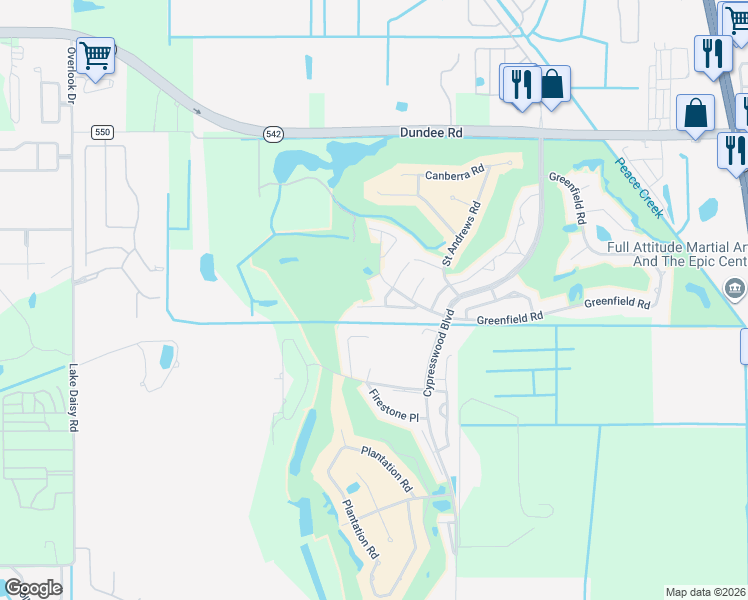 map of restaurants, bars, coffee shops, grocery stores, and more near 1039 Medinah Drive in Winter Haven