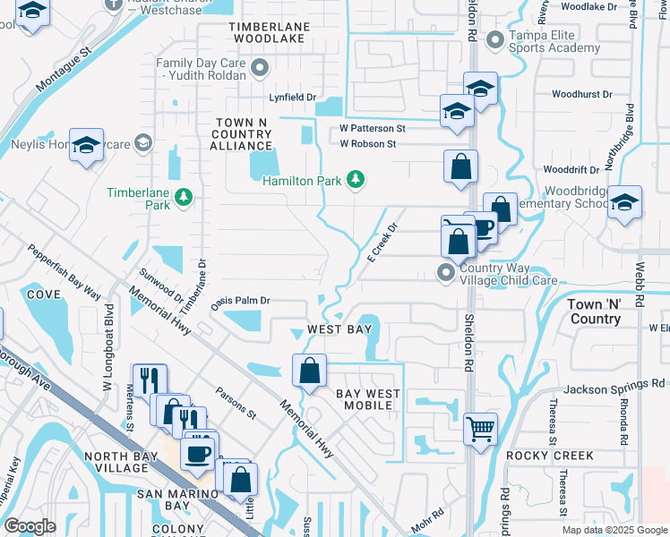 map of restaurants, bars, coffee shops, grocery stores, and more near 6807 West Creek Drive in Tampa