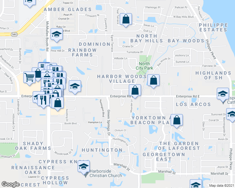 map of restaurants, bars, coffee shops, grocery stores, and more near 3310 Enterprise Rd E in Safety Harbor