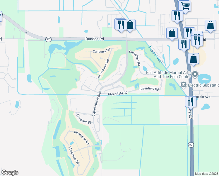 map of restaurants, bars, coffee shops, grocery stores, and more near 424 Sandestin Drive Southeast in Winter Haven
