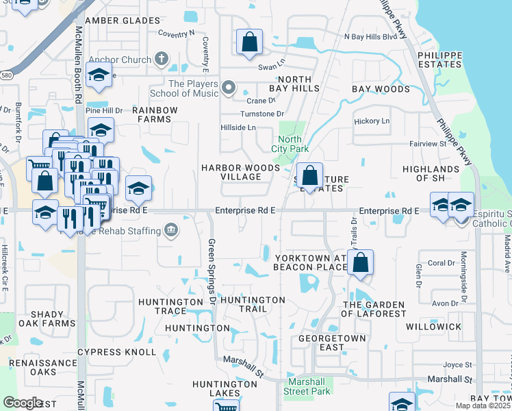 map of restaurants, bars, coffee shops, grocery stores, and more near 3320 Enterprise Road East in Safety Harbor