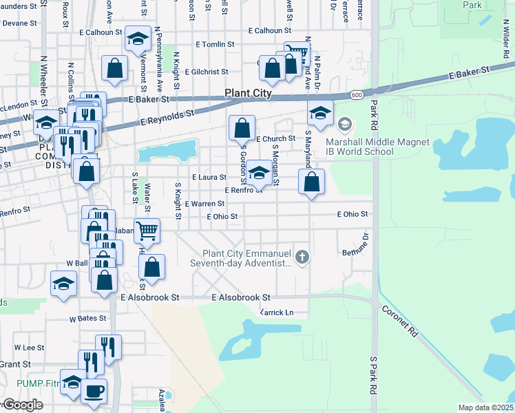map of restaurants, bars, coffee shops, grocery stores, and more near 1309 East Warren Street in Plant City