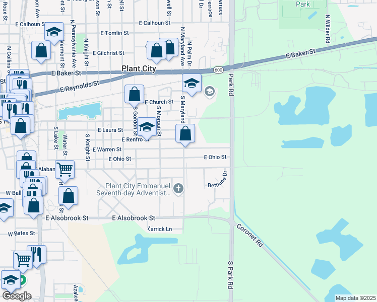 map of restaurants, bars, coffee shops, grocery stores, and more near 1603 East Warren Street in Plant City