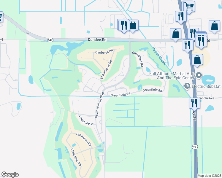 map of restaurants, bars, coffee shops, grocery stores, and more near 422 Sandestin Drive Southeast in Winter Haven