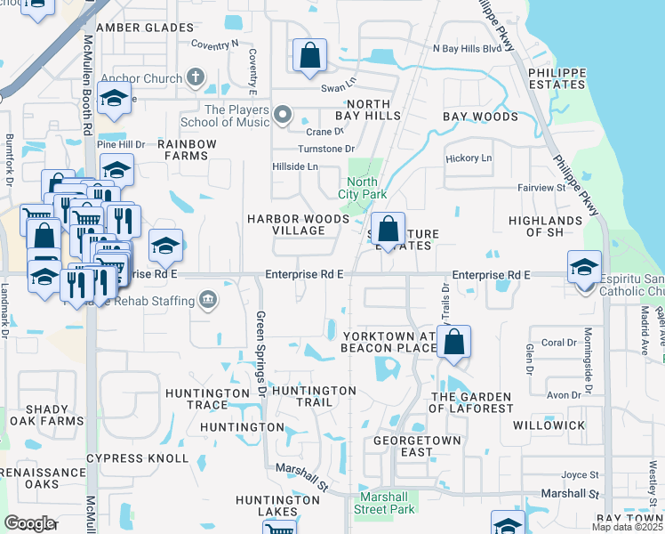 map of restaurants, bars, coffee shops, grocery stores, and more near 3320 Enterprise Road East in Safety Harbor