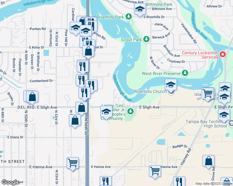 map of restaurants, bars, coffee shops, grocery stores, and more near 6919 Silver Run Drive in Tampa
