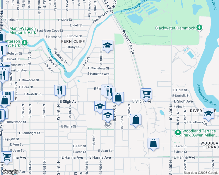 map of restaurants, bars, coffee shops, grocery stores, and more near 2102 East Flora Street in Tampa