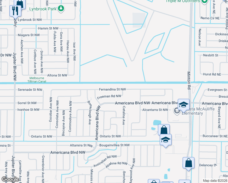 map of restaurants, bars, coffee shops, grocery stores, and more near 482 Fernandina Street Northwest in Palm Bay