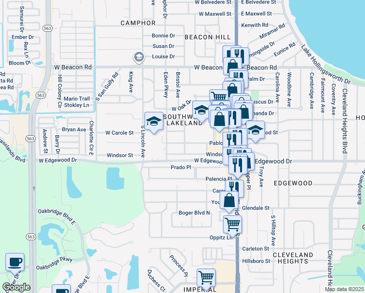 map of restaurants, bars, coffee shops, grocery stores, and more near 2801 South Palmeden Drive in Lakeland