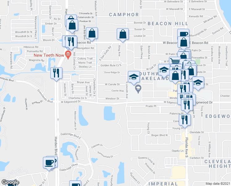 map of restaurants, bars, coffee shops, grocery stores, and more near 838 Castle Way in Lakeland