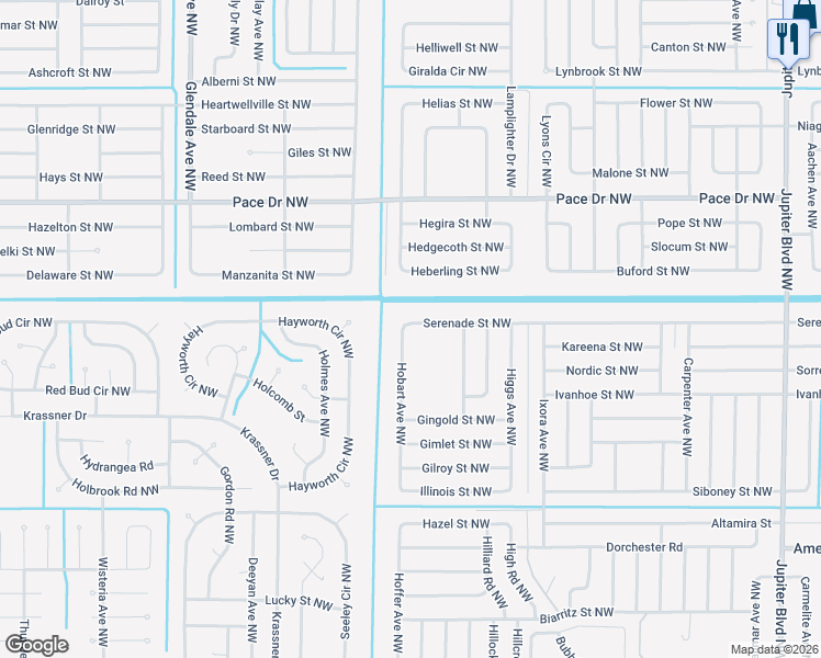 map of restaurants, bars, coffee shops, grocery stores, and more near 1384 Serenade Street Northwest in Palm Bay