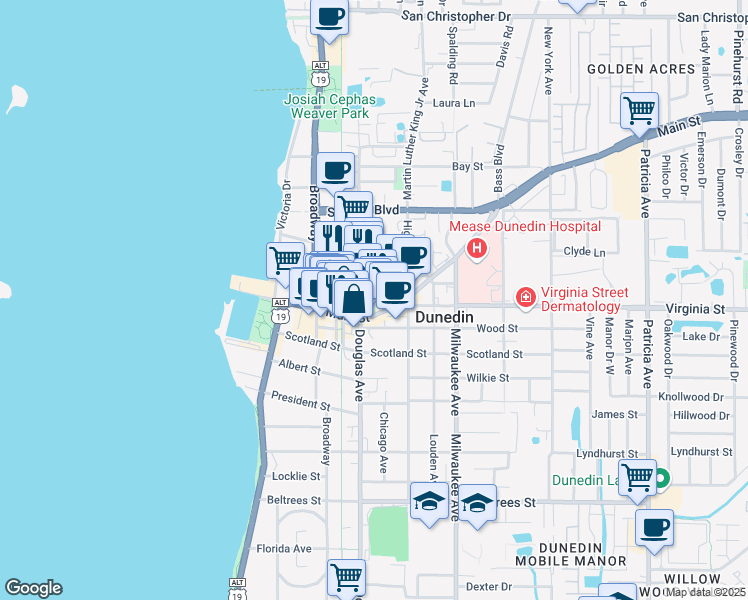 map of restaurants, bars, coffee shops, grocery stores, and more near 428 Virginia Lane in Dunedin