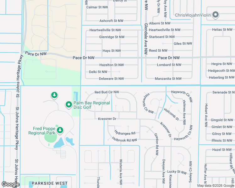 map of restaurants, bars, coffee shops, grocery stores, and more near 1752 Red Bud Circle Northwest in Palm Bay