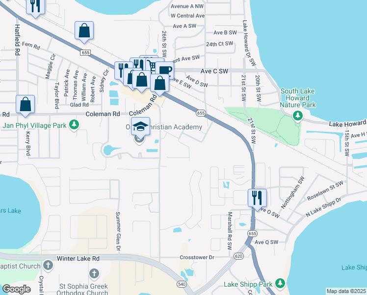 map of restaurants, bars, coffee shops, grocery stores, and more near 1717 Wallace Manor Loop in Winter Haven