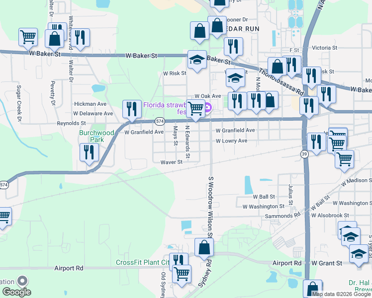 map of restaurants, bars, coffee shops, grocery stores, and more near 23 North Edwards Street in Plant City