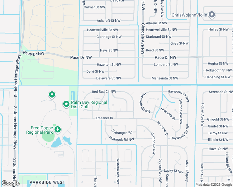 map of restaurants, bars, coffee shops, grocery stores, and more near 1752 Red Bud Circle Northwest in Palm Bay