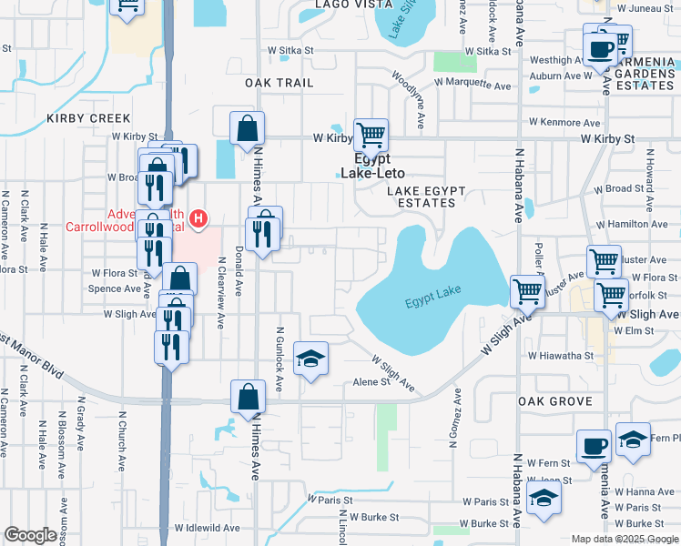 map of restaurants, bars, coffee shops, grocery stores, and more near 6900 Concord Drive in Tampa