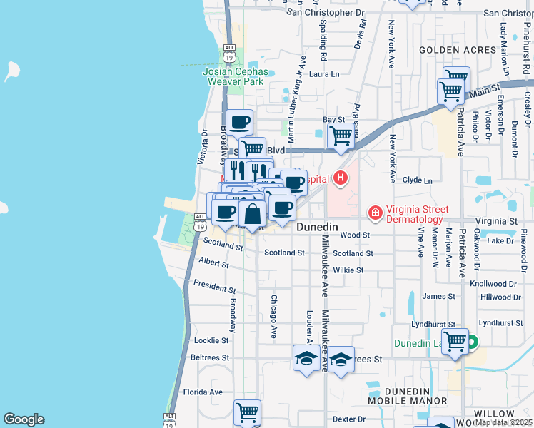 map of restaurants, bars, coffee shops, grocery stores, and more near 428 Virginia L North Street in Dunedin