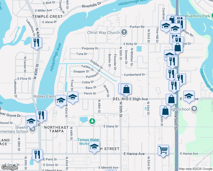 map of restaurants, bars, coffee shops, grocery stores, and more near 6917 Bream Street in Tampa