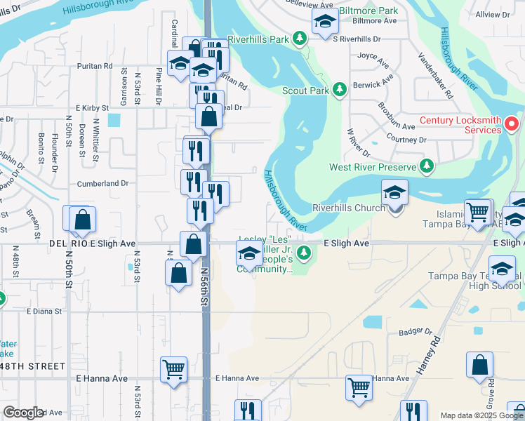 map of restaurants, bars, coffee shops, grocery stores, and more near 6918 Castlegate Drive in Tampa