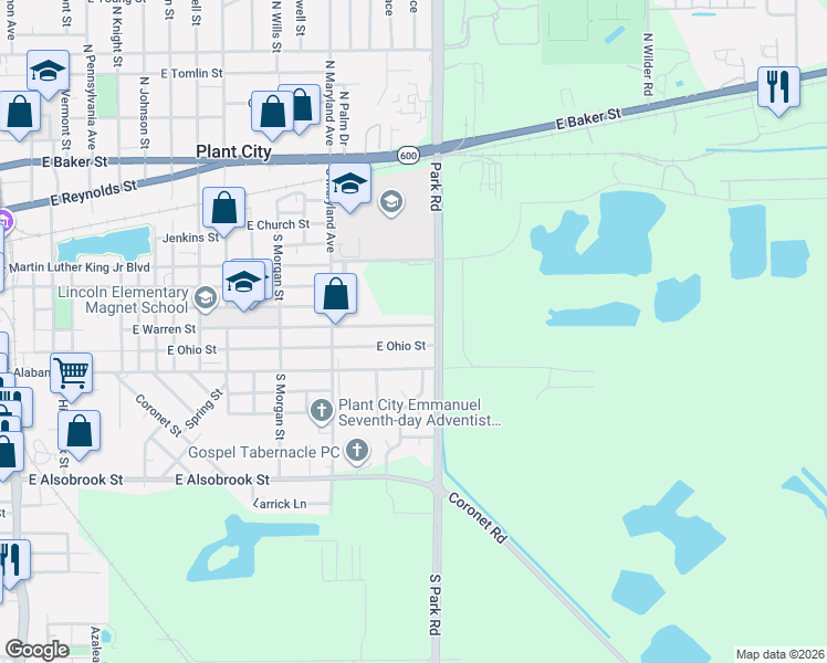 map of restaurants, bars, coffee shops, grocery stores, and more near 1903 East Warren Street in Plant City