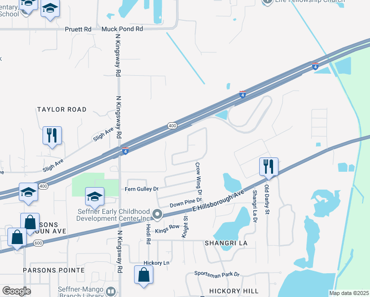 map of restaurants, bars, coffee shops, grocery stores, and more near 403 Arch Ridge Loop in Seffner