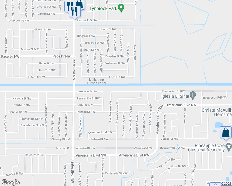 map of restaurants, bars, coffee shops, grocery stores, and more near 764 Fernandina Street Northwest in Palm Bay