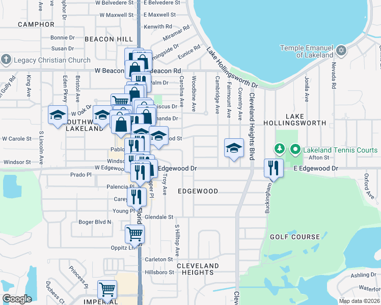 map of restaurants, bars, coffee shops, grocery stores, and more near 2729 Woodland Hills Avenue in Lakeland