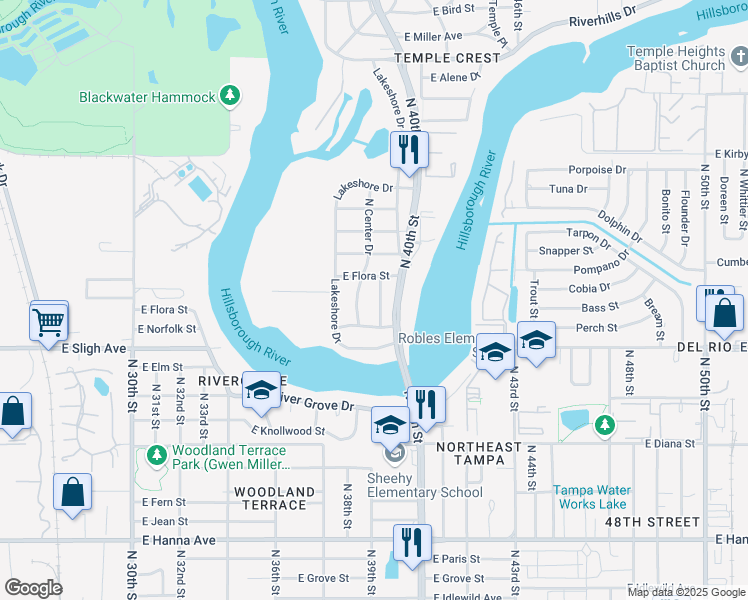 map of restaurants, bars, coffee shops, grocery stores, and more near 7014 North Palmetto Lane in Tampa
