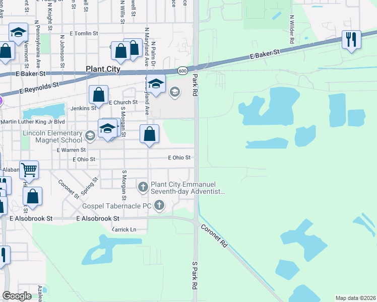 map of restaurants, bars, coffee shops, grocery stores, and more near 1903 East Warren Street in Plant City