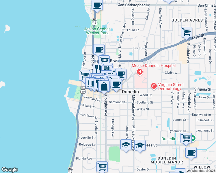 map of restaurants, bars, coffee shops, grocery stores, and more near 428 Virginia Lane in Dunedin