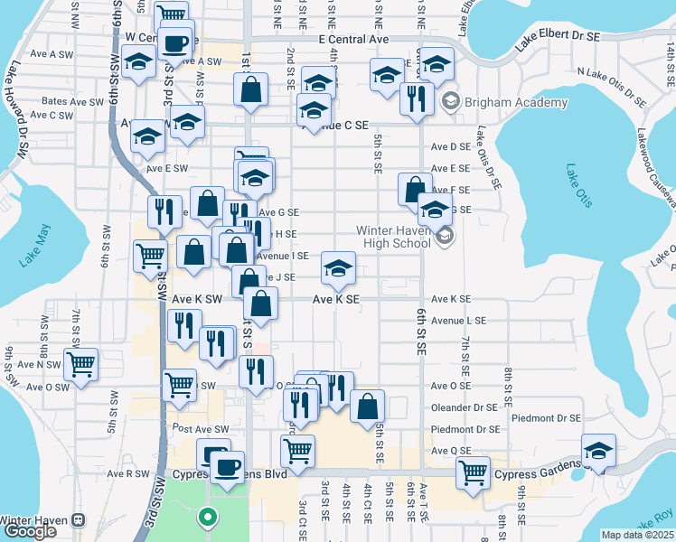 map of restaurants, bars, coffee shops, grocery stores, and more near 383 Avenue J Southeast in Winter Haven