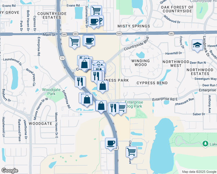 map of restaurants, bars, coffee shops, grocery stores, and more near 2595 Countryside Boulevard in Clearwater
