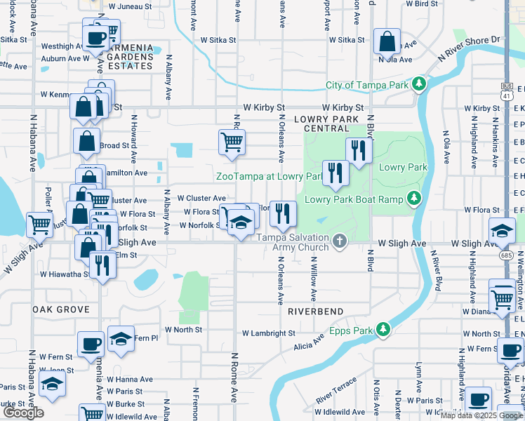 map of restaurants, bars, coffee shops, grocery stores, and more near 6924 North Oregon Avenue in Tampa