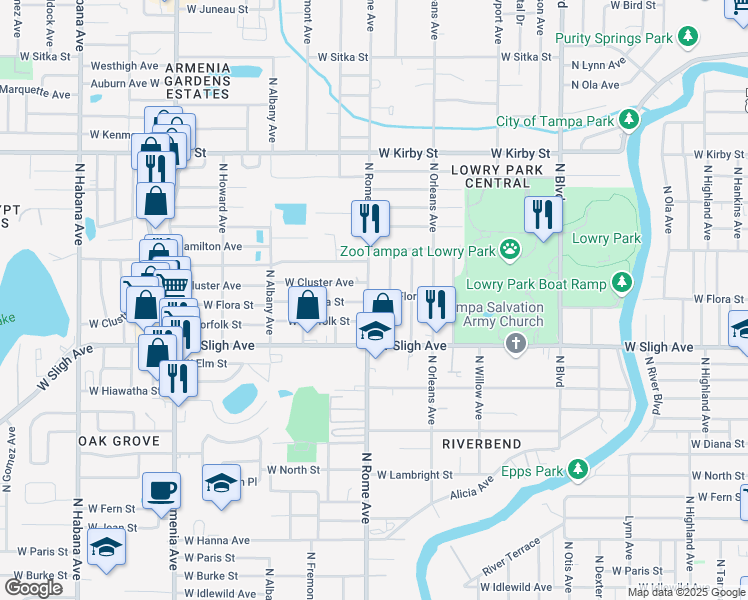 map of restaurants, bars, coffee shops, grocery stores, and more near 7009 North Rome Avenue in Tampa